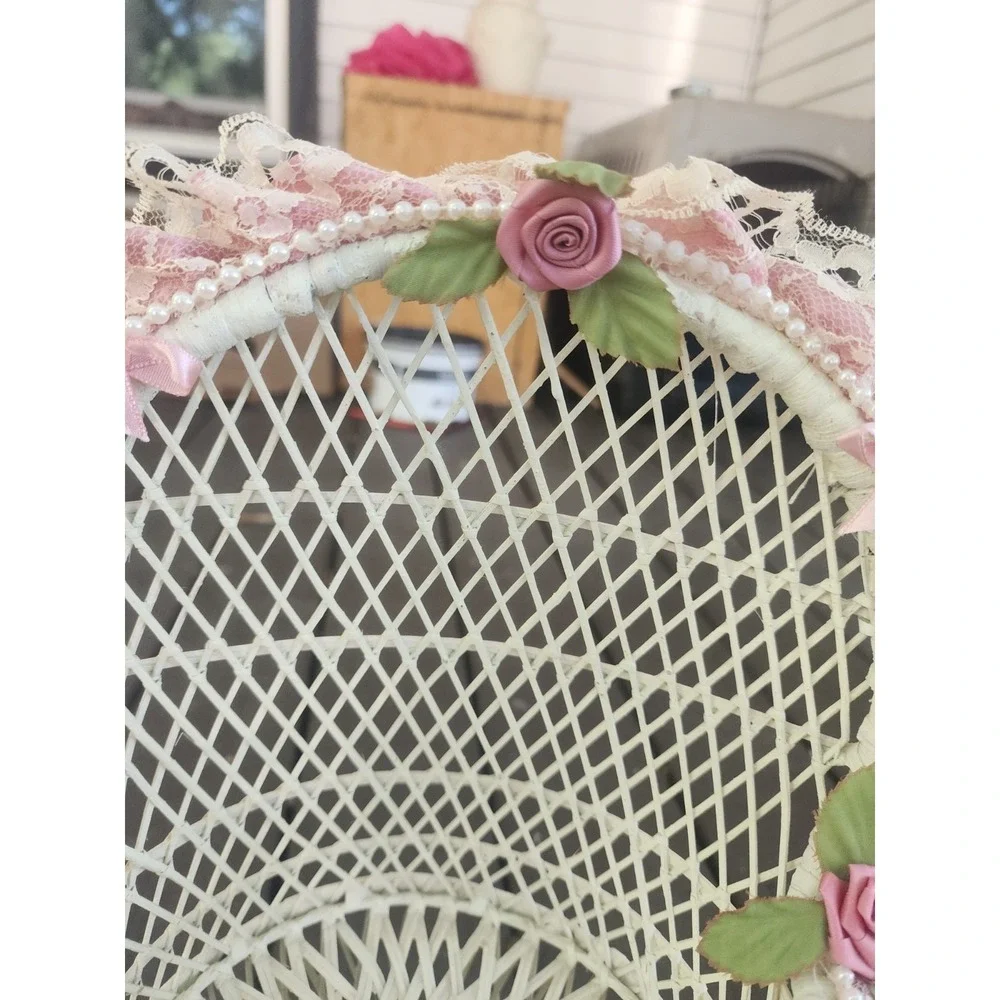 Vintage Wicker Peacock Chair, Lace & Roses Trim Miniature Plant Stand Doll Stand